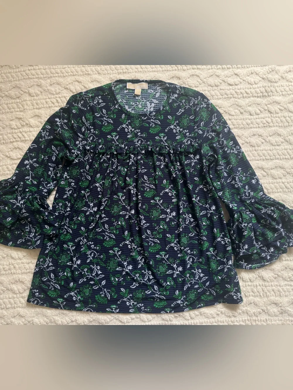 Michael Michael Kors Floral Peasant Blouse Navy Green Boho Pleated Top Size S